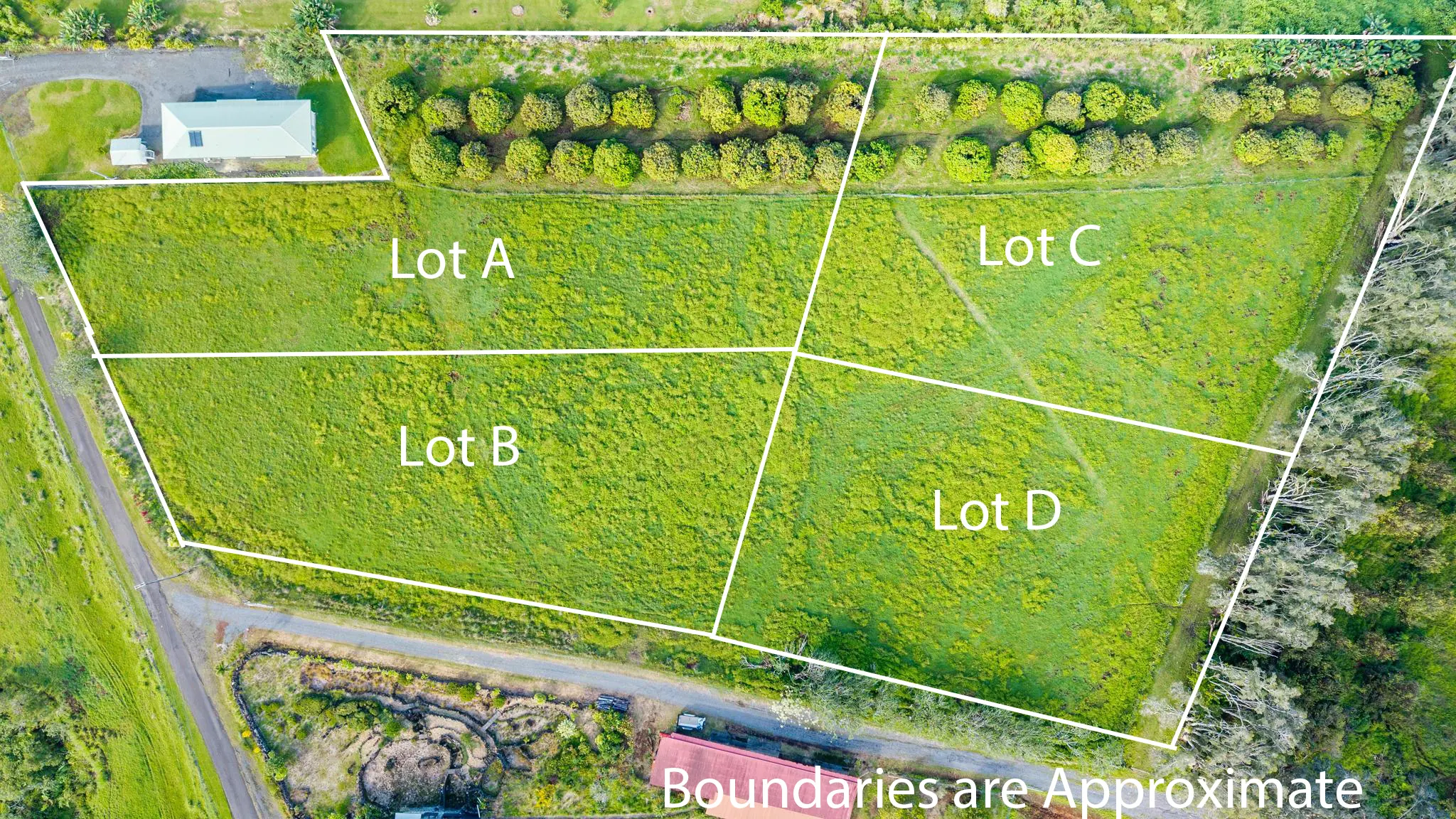 Aerial photograph of Hakalau Sunrise Estates Phase 1 with lot boundaries drawn